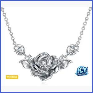 925 Sterling Silver Diamond Rose Flower Pendant Necklace for Women